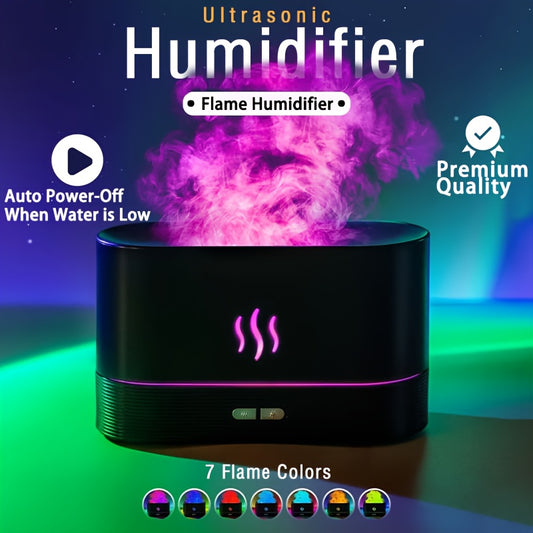 USB-powered, flame effect aromatherapy diffuser with soundwave technology, night light, and safety auto shut-off for home and office use.