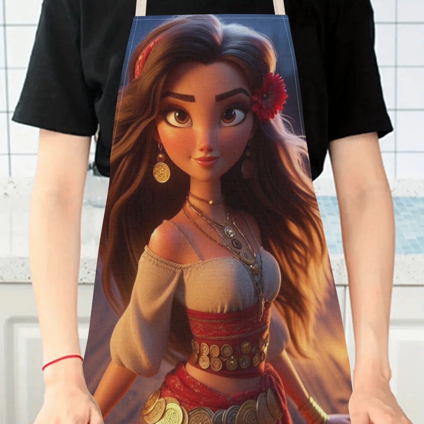 Waterproof apron featuring Disney's Elsa character, made from durable polyester with a vibrant floral pattern. Suitable for use in hotels, supermarkets, restaurants, fruit shops, milk tea stands, or at home.