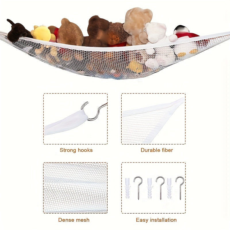 Stuffed Animal Net: A stylish and functional way to organize your stuffed animals. Perfect for hanging in a corner of your wall, this mesh net doubles as a home decoration piece. Great for keeping your bedroom or living room clutter-free. Makes for a