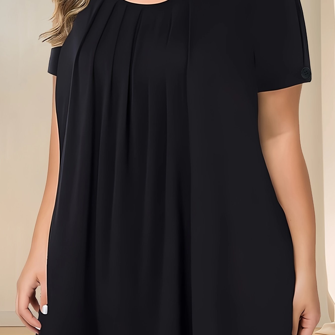 Pleated button detail T-shirt for plus size women, perfect for spring & summer.