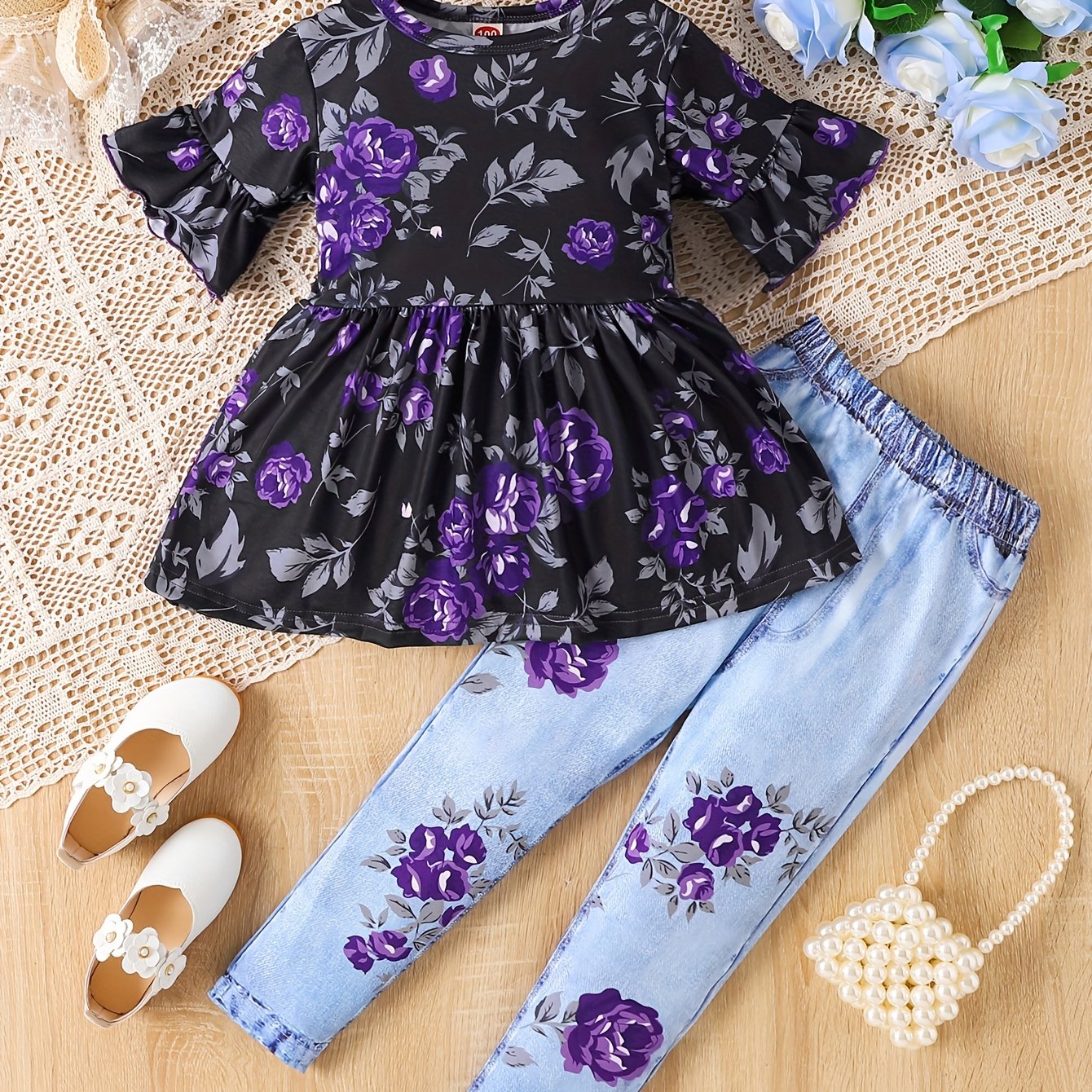 Set of floral peplum top with flare sleeves and matching leggings for girls, perfect for summer outings.