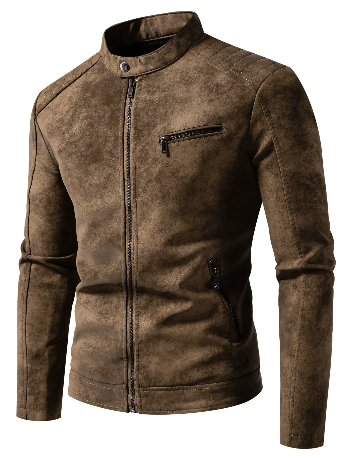 Men's vintage style faux leather jacket with stand collar, zip-up closure, and polyester lining.