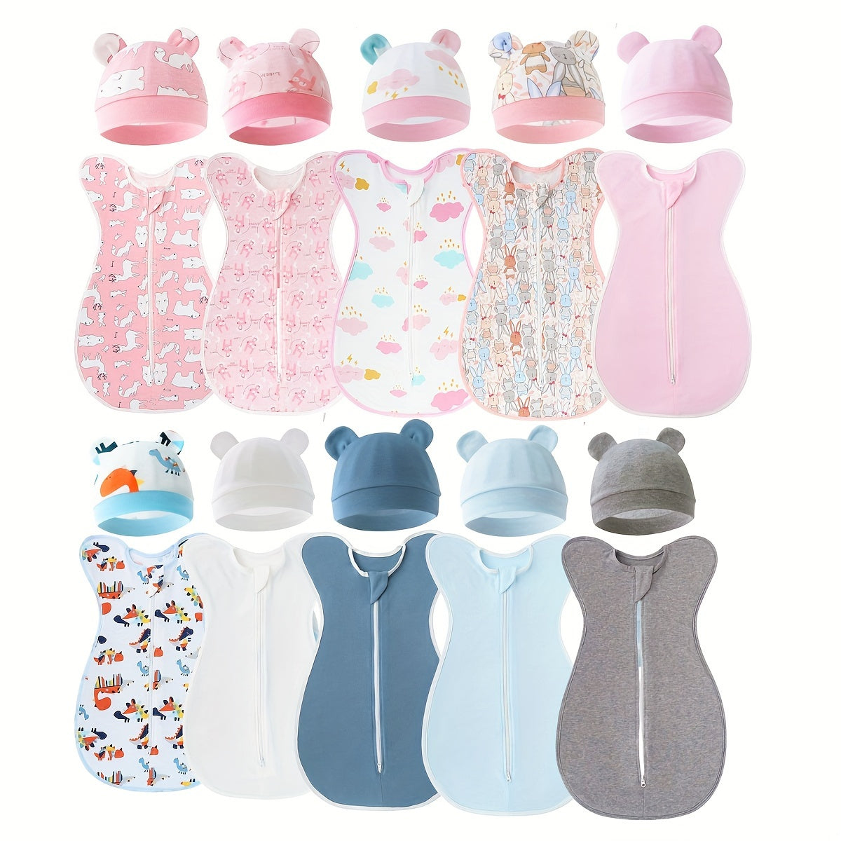 Set of two newborn baby swaddle blankets and hats in a Surrender style design. Made from all-season cotton, these sleep sacks are anti-colic and must be handwashed only. Comes in mixed colors and features non-woven fabric for infant swaddling wraps.