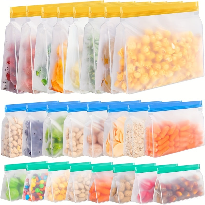 8 to 10 pieces of reusable storage bags in a pack, made of PEVA material that is free from Bisphenol A. These gallon-sized bags are leak-proof and vertical, perfect for storing food in the freezer. Also included are sandwich bags, travel snack bags, and