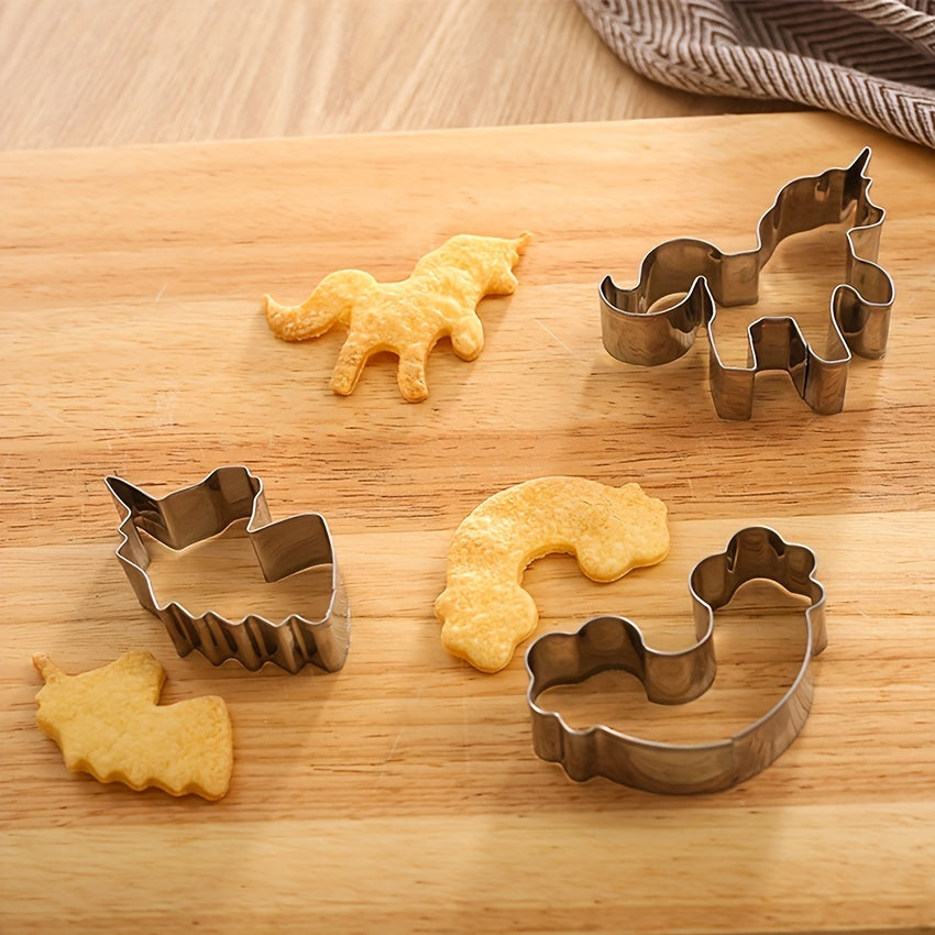 Three stainless steel unicorn-shaped cookie cutters for fondant baking tools available in a set.