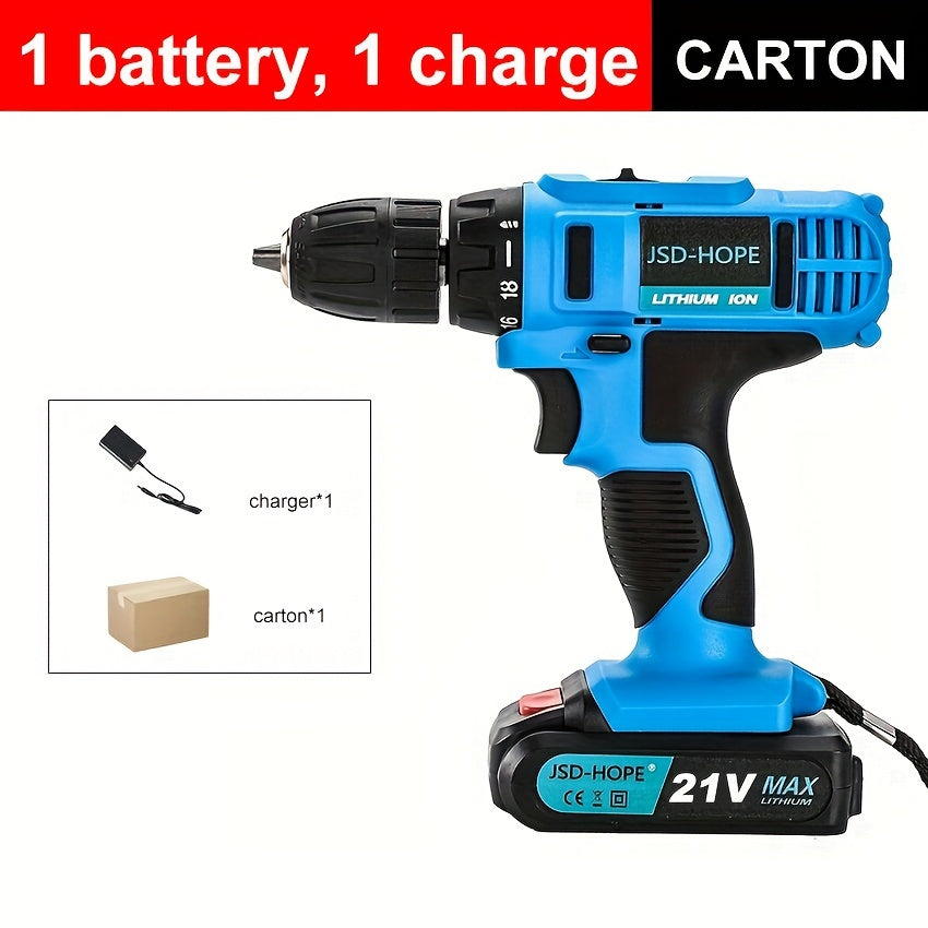 Cordless impact drill with brushless motor, rechargeable lithium battery, and multi-function capabilities. Charger included.