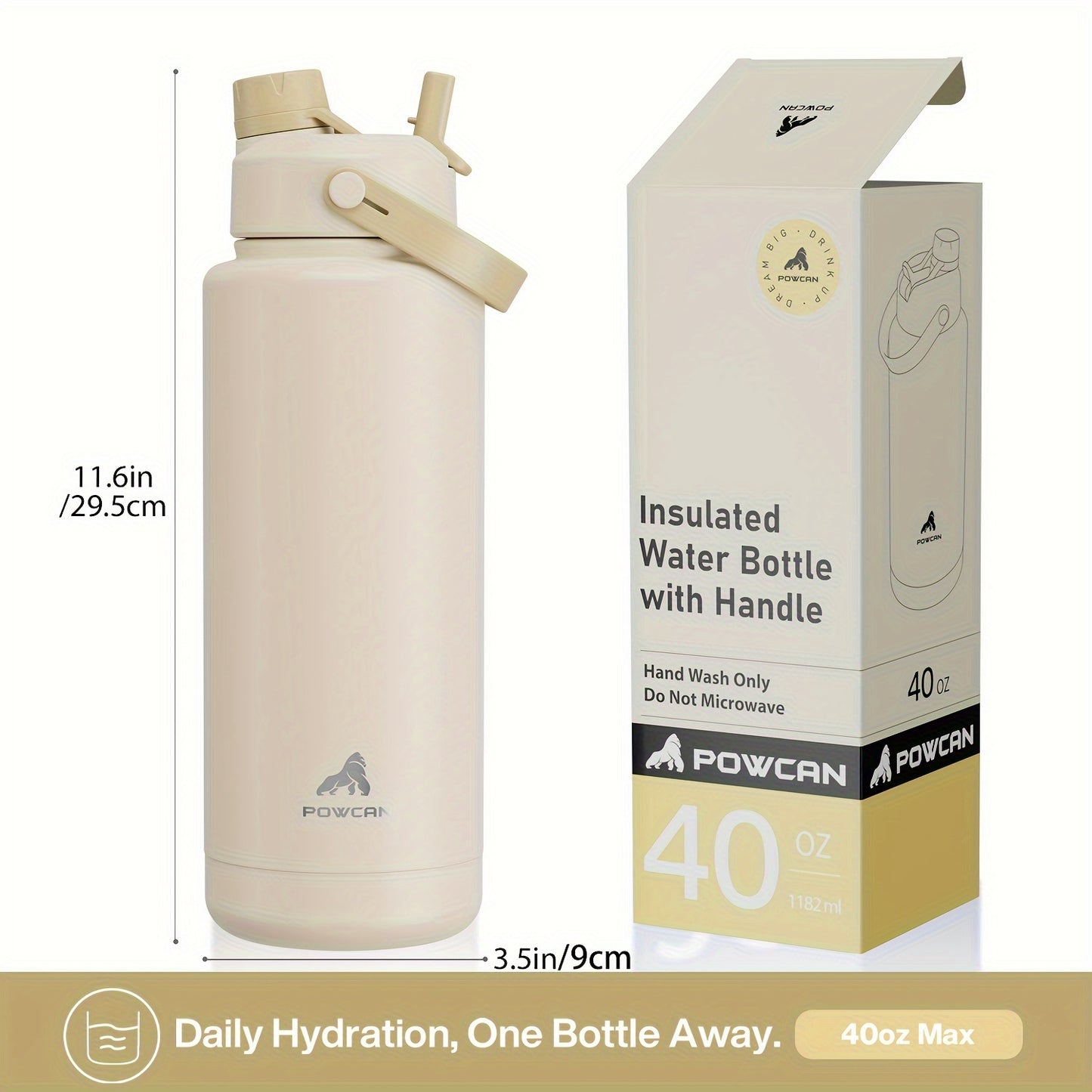 40oz stainless steel water bottle with leak-proof straw and spout lid, double wall insulated, hand wash only, PVC free. Ideal for sports, gym, travel, and school.