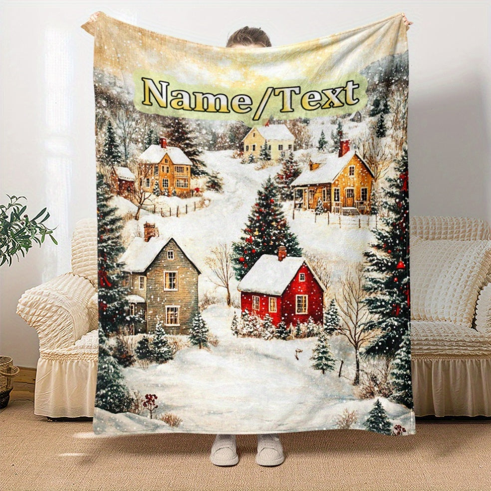 Stay warm and cozy with our customizable winter scene fleece blanket! Made from soft and warm polyester fabric, this blanket is perfect for snuggling up on the sofa, bed, or even bringing along on your travels. It is great for any room in your home or