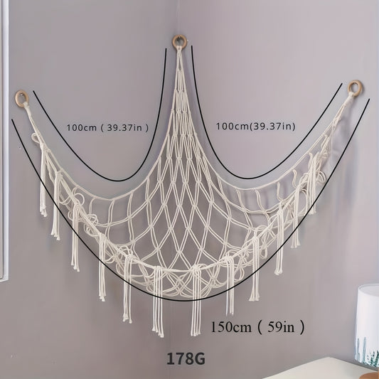 Versatile hanging storage net for youngsters' room or living room decor with cute design. Available in black, white, pink, and light blue. Measures 100x100x140cm. Lightweight fabric with a decorative star design.