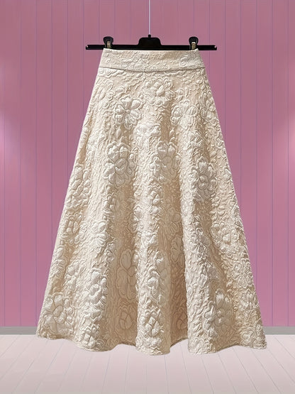 Beige high-waist pencil skirt for women with floral jacquard design, A-line silhouette, made of polyester and machine washable.