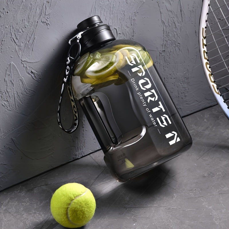 Large 1700ml sports water bottle with straw, made of durable PC material, perfect for gym, travel, camping, hiking, and fishing.