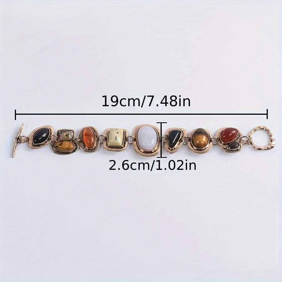 This Gold-Tone Resin Bracelet in Vintage Bohemian Style is ideal for daily wear or gifting. It measures 19cm/7.48in in length and 2.6cm/1.02in in width.