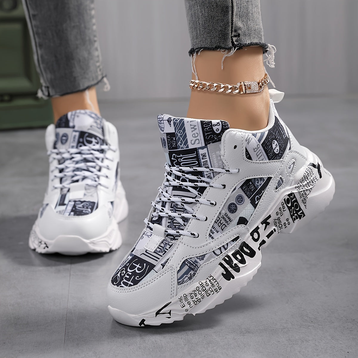 Breathable chunky sneakers with bold letter print & denim-like fabric, comfortable, lightweight all-season running shoes for men and women, urban streetwear shoes, midtop sneakers with