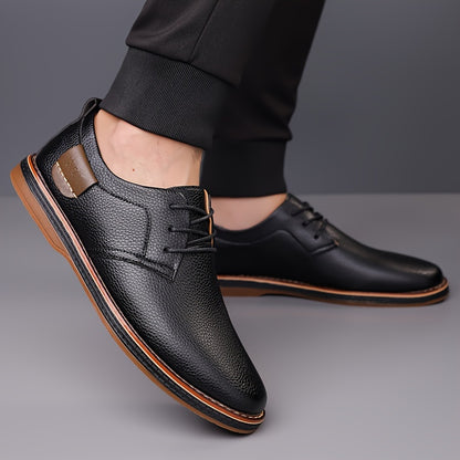 Men's fashion street style dress shoes with solid color microfiber synthetic upper, round toe, rubber sole, lining & insole, low top lace-up for daily & casual wear in spring/fall season.