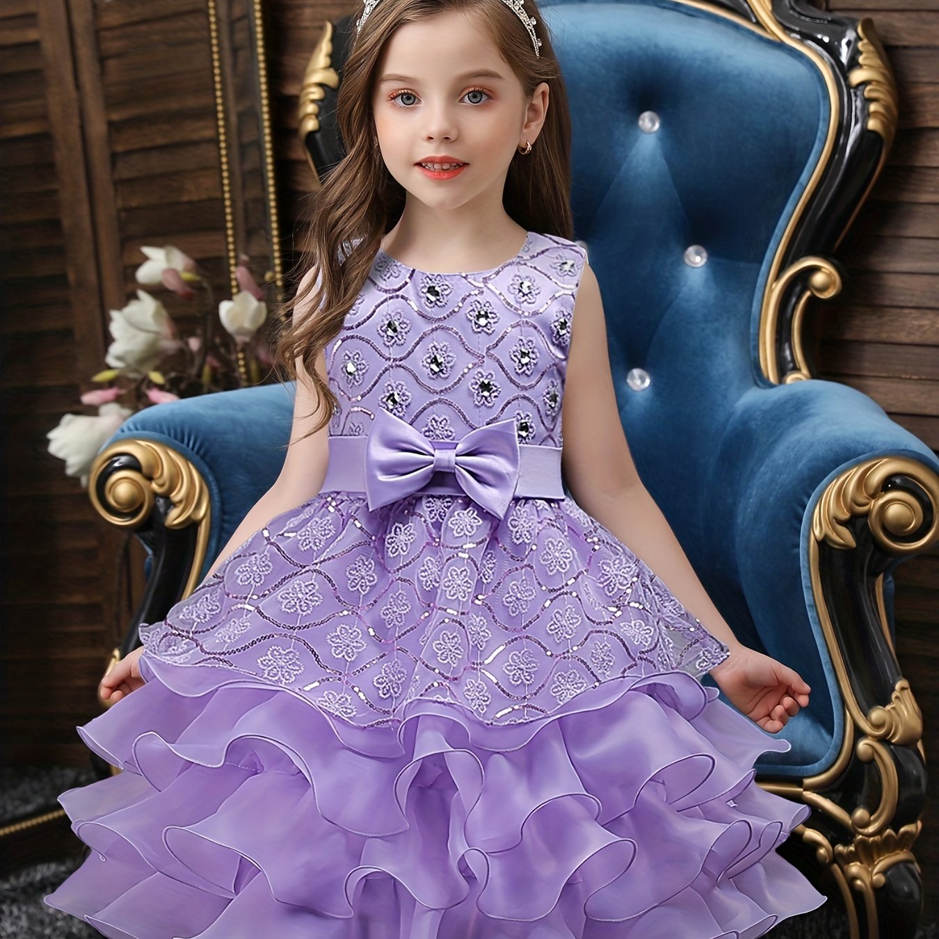 Girls Sleeveless Sequin Flower Princess Dress for Piano Performance, Wedding, Birthday Party