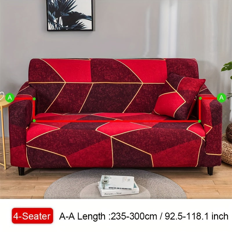 Spandex sofa slipcover with geometric pattern for home decor.