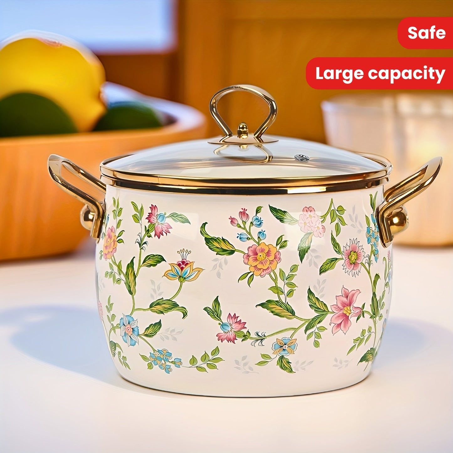 Large capacity enamel saucepan with glass lid and floral design is a non-stick, dishwasher-safe kitchen cookware with double handles. This soup pot features a golden handle for added style and convenience.