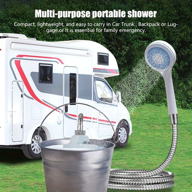 Portable camping shower with USB rechargeable battery, ABS material, ideal for outdoor activities.