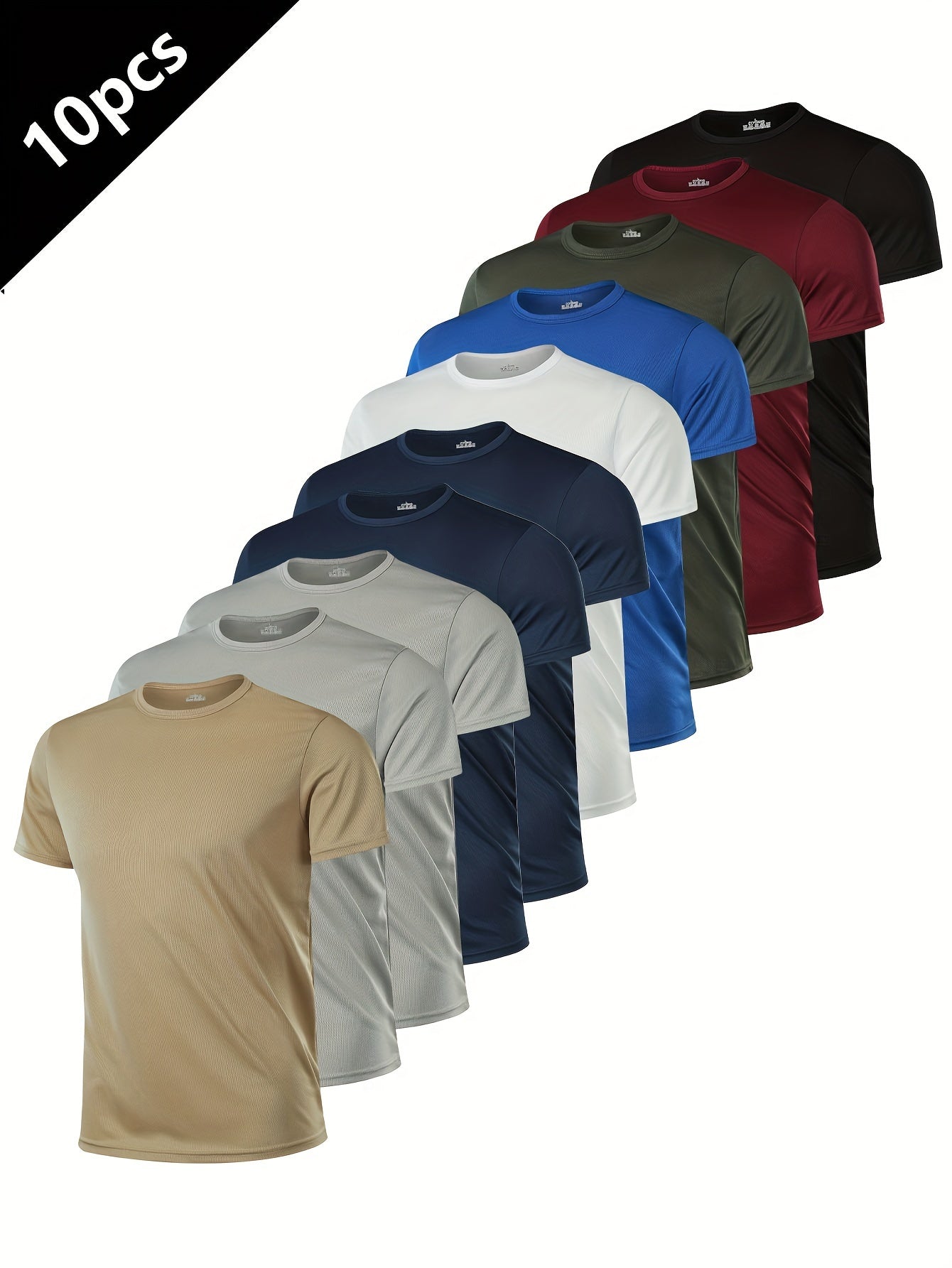 10-Pack Men's Athletic T-Shirts made of quick-dry, moisture-wicking polyester perfect for gym, running, and outdoor activities.