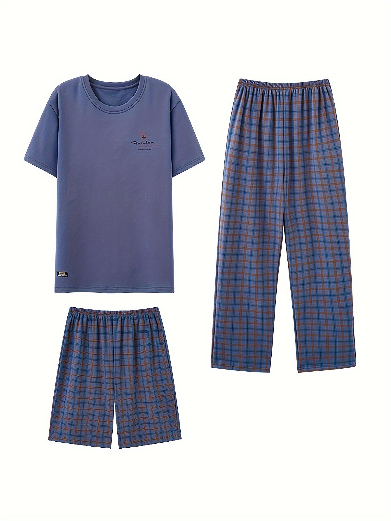 Men's casual short sleeve crew neck stripe pajama set in polyester elastane knit fabric with front pocket. Includes classic plaid shorts and trousers. Suitable for all seasons nightwear