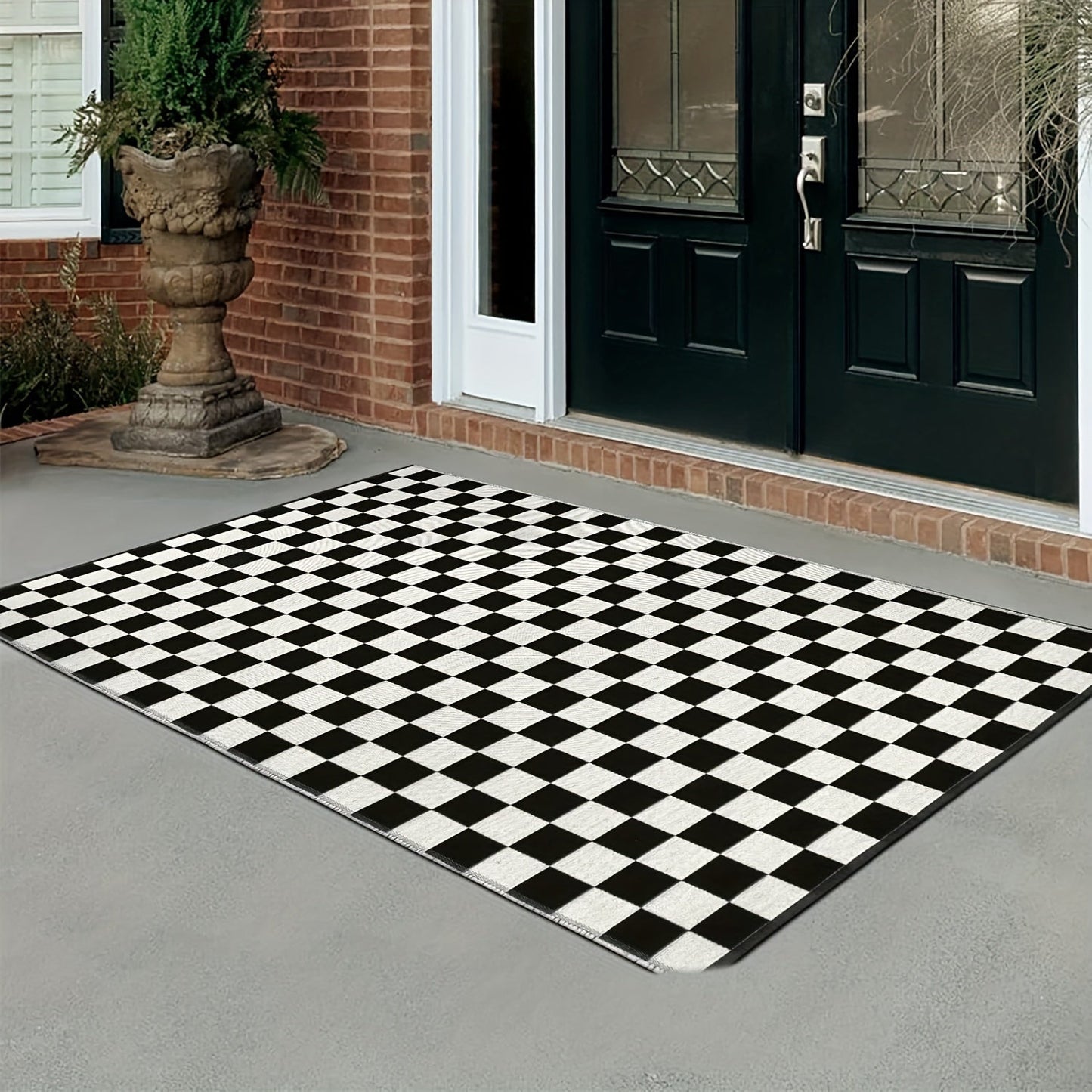 Black and white checkered carpet, 1 piece, made of non-slip polyester material. This machine-made floor mat is 100% polyester and can be hand washed. Suitable for indoor use in the bedroom, entryway, living room, kitchen, and bathroom. It weighs 480g and