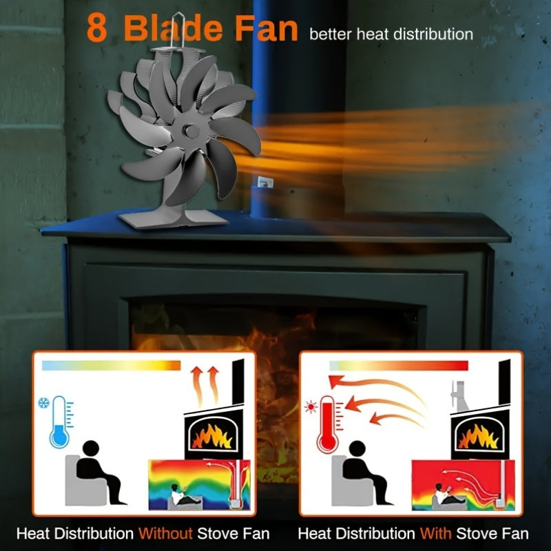 Aluminum 8-Blade Stove Fan for Wood Burning Fireplaces, Achieving High Speed Silent Operation through Heat Power, Enhancing Air Circulation without Electricity, Complete with Accessory Kit and Painted Finish - Perfect Household Heater Fan