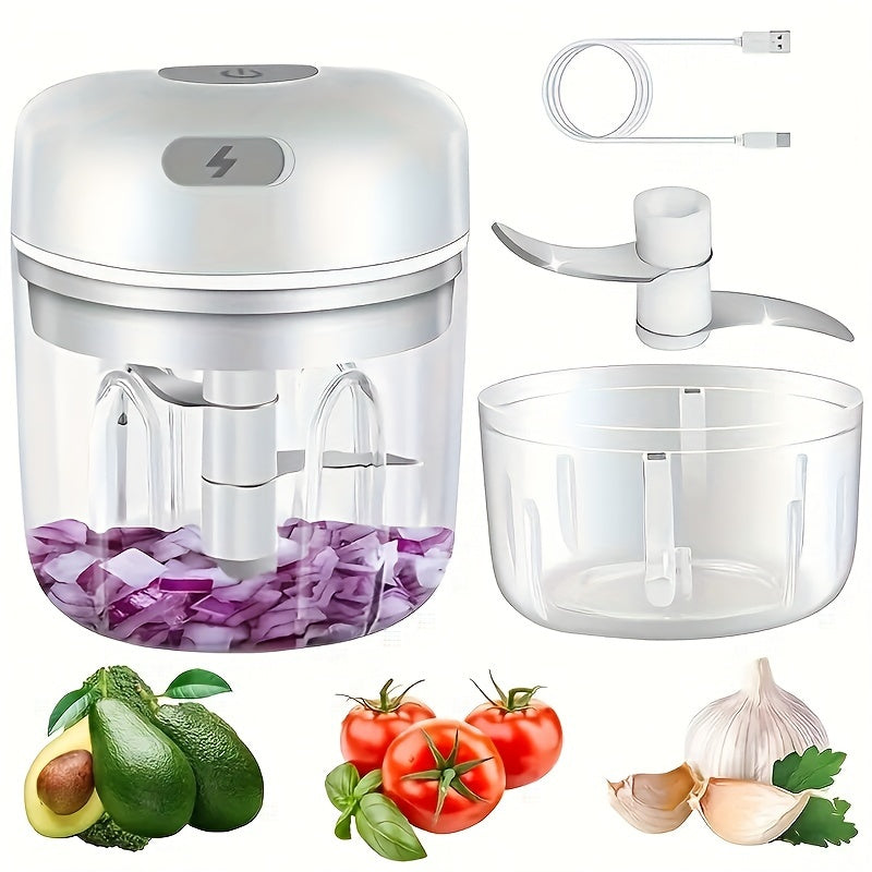 Portable mini food processor with stainless steel blades, USB rechargeable, 1200RPM speed, speed control, easy to clean, 250ML capacity, lithium battery.