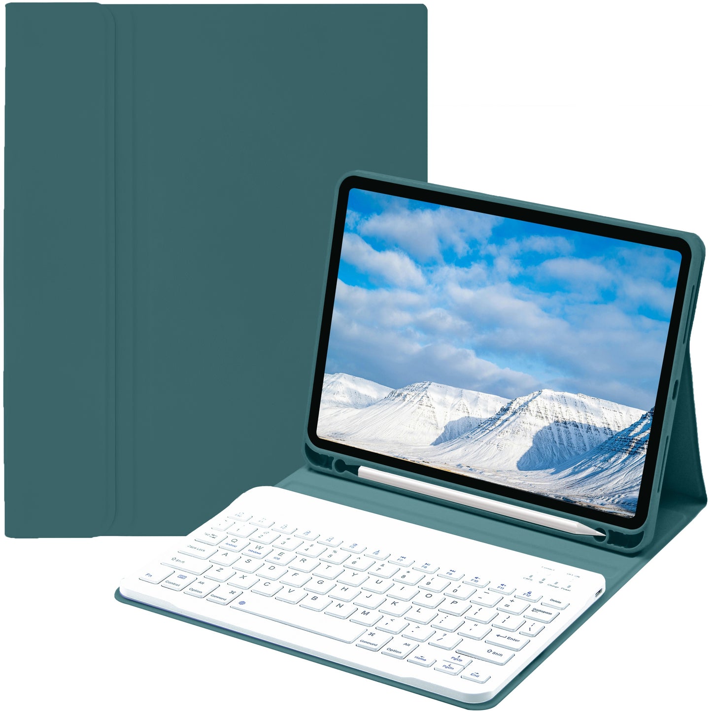 iPad keyboard case compatible with various iPad models, including iPad Air, iPad 5th-10th generation, and iPad Pro 11/12.9 inch, featuring a soft TPU back cover, pen holder, and detachable