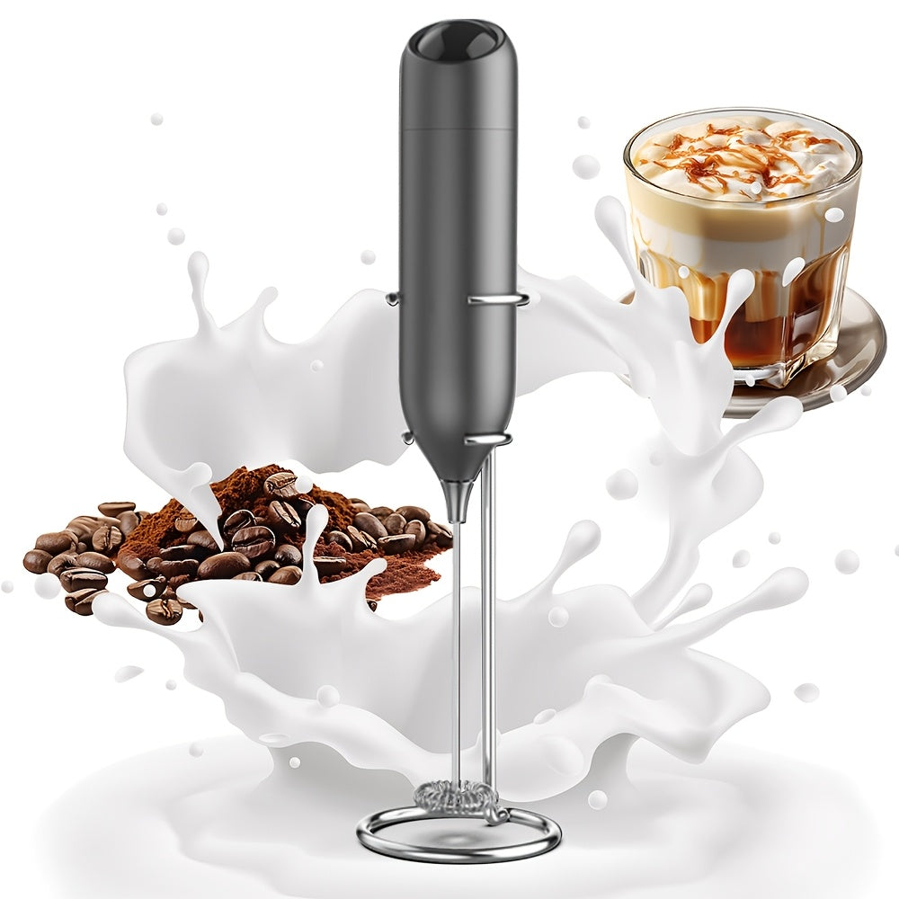 Battery operated portable milk frother for creating rich and creamy froth. Made with a lightweight plastic handle and 304 stainless steel whisk, this low decibel kitchen tool is perfect for DIY drinks, coffee lovers, camping, weddings, and Christmas