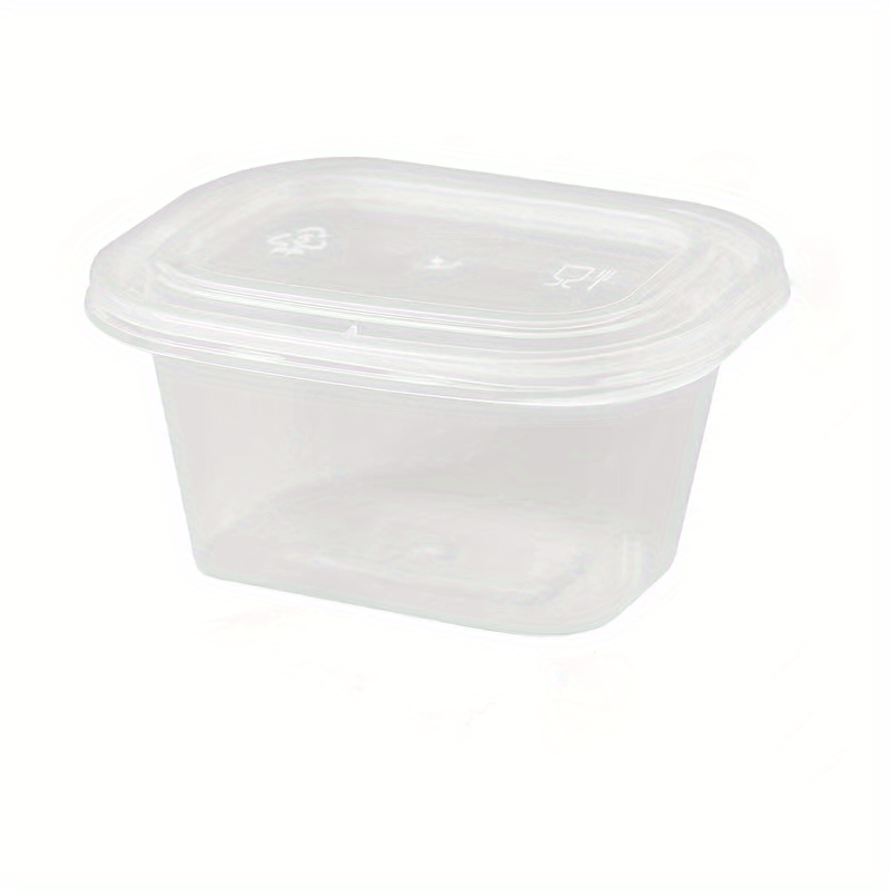 50 transparent disposable sauce boxes for takeout, packaging, and seasoning. These multipurpose food storage boxes come with covers.