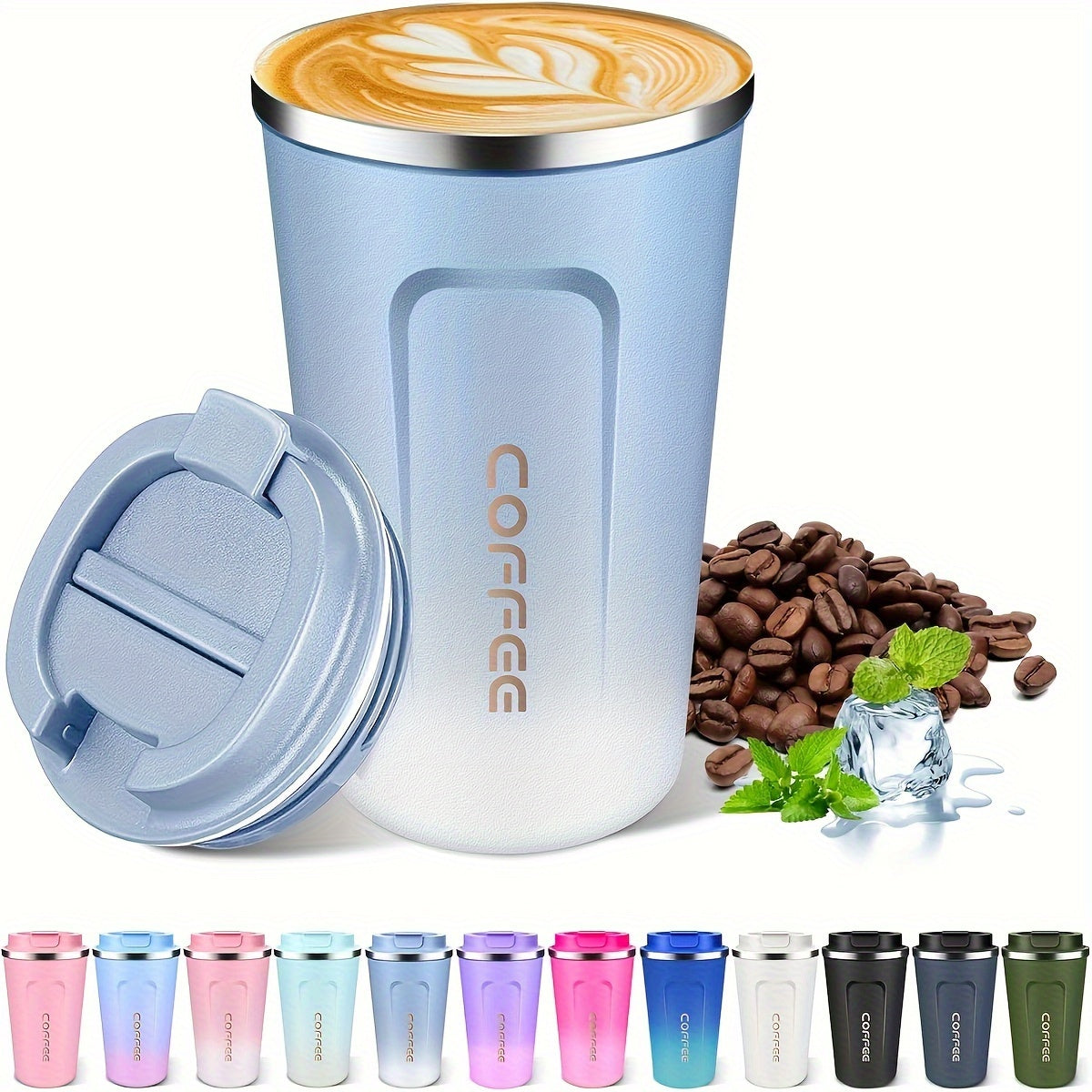 Stainless steel insulated coffee mug in various colors - leakproof, dishwasher safe with lid. Keeps drinks hot or cold. Perfect for office, reading, camping. Great gift for men and women.