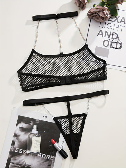 Chain linked mesh semi-sheer lingerie set with hollow out halter bra and thong - sexy underwear for women.