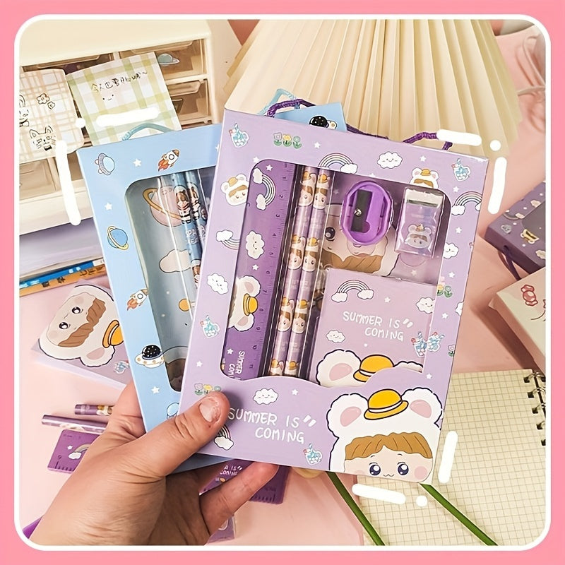 A set of six cartoon handheld stationery pieces in one bag, including two pencils, a ruler, an eraser, a pencil sharpener, a small notebook, and four color options. Perfect for students as