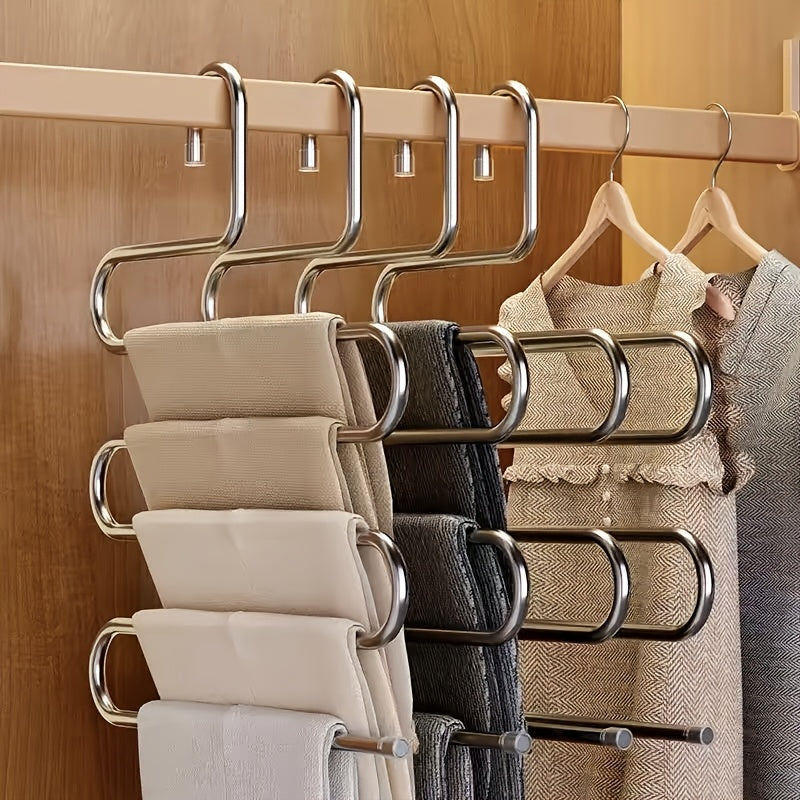 5-Tier Stainless Steel Pants Hanger for Closet Storage, S-Shaped, Non-Slip, Ideal for Jeans & Trousers, Space-Saving Design for Neat Wardrobe Organization.