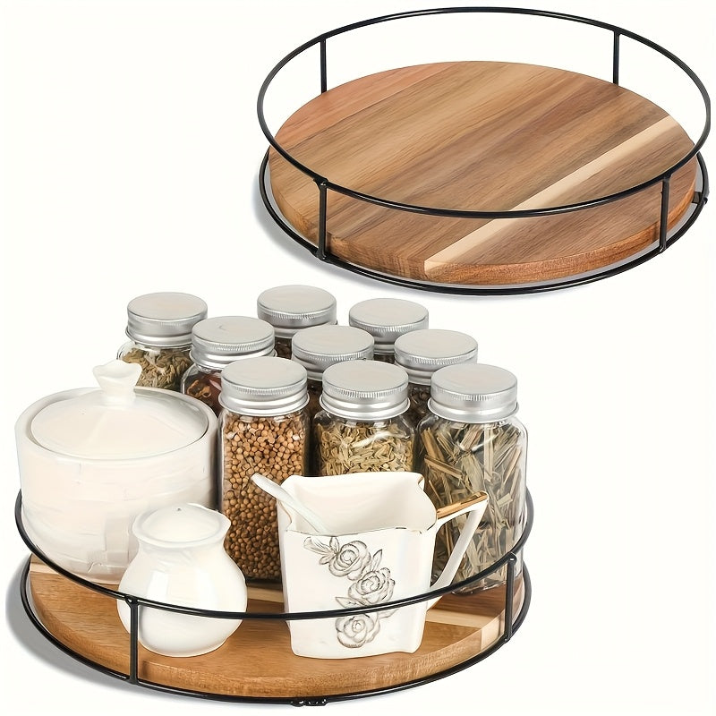 One or two piece rotating spice rack organizer made of Acacia Wood and Metal. This hardwood Susan storage shelf is perfect for holding spices and cosmetics in the kitchen or dorm room. Save space with this open-storage holder designed for easy access.