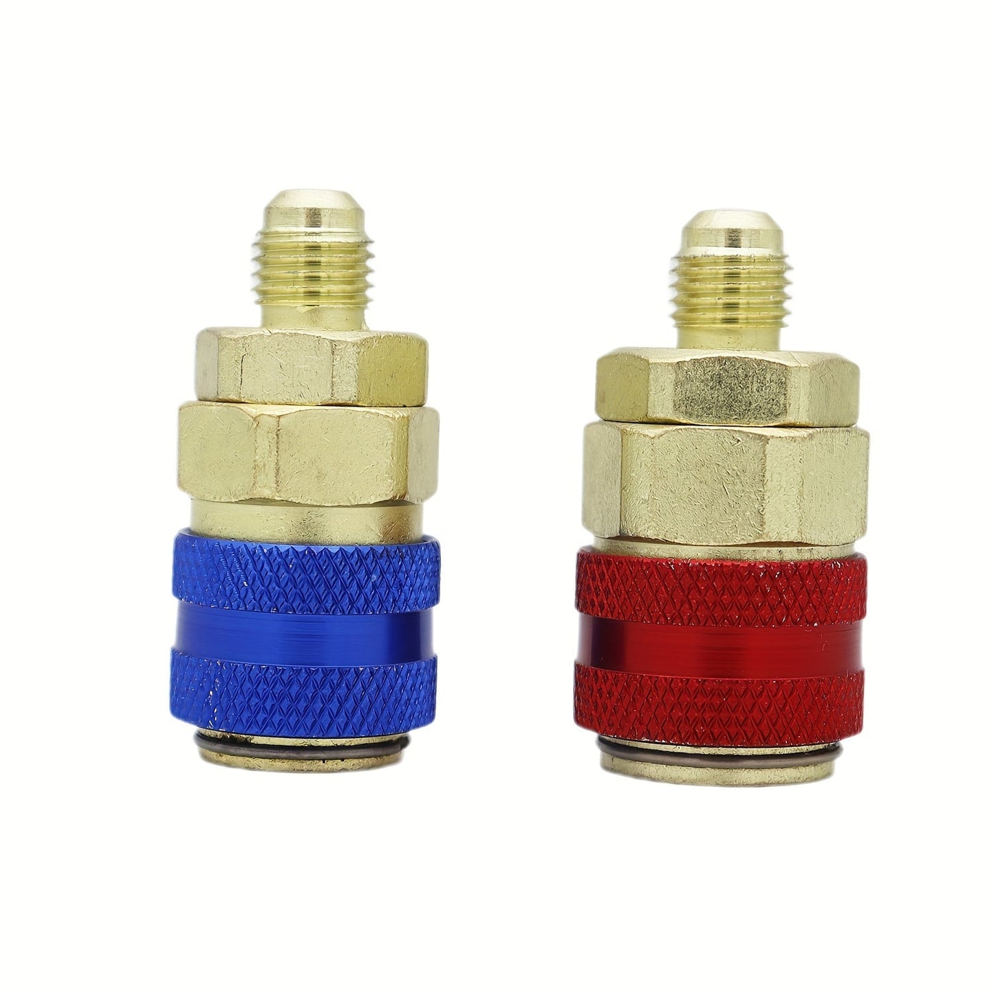 2 pieces of AC R134A quick coupler connector adapters with high and low manifold fittings. These brass adapters are suitable for air conditioning refrigerant systems.