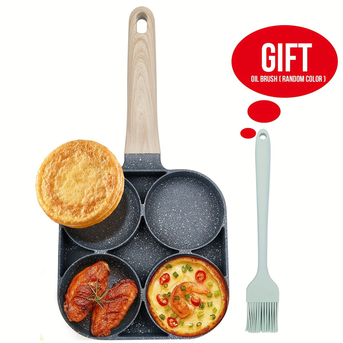 This Non-Stick Egg Pan with a Wooden Handle is perfect for cooking breakfast items like eggs and burgers. The 4-cavity skillet is compatible with gas stoves and is dishwasher safe. Made of lightweight aluminum, this pan weighs 14.2 oz.