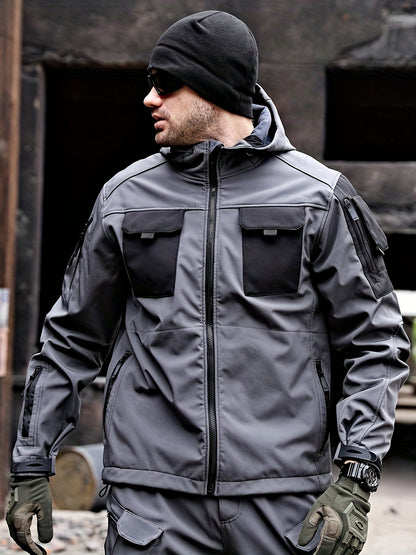 Men's warm hooded jacket with pockets, scratch resistant and perfect for outdoors.