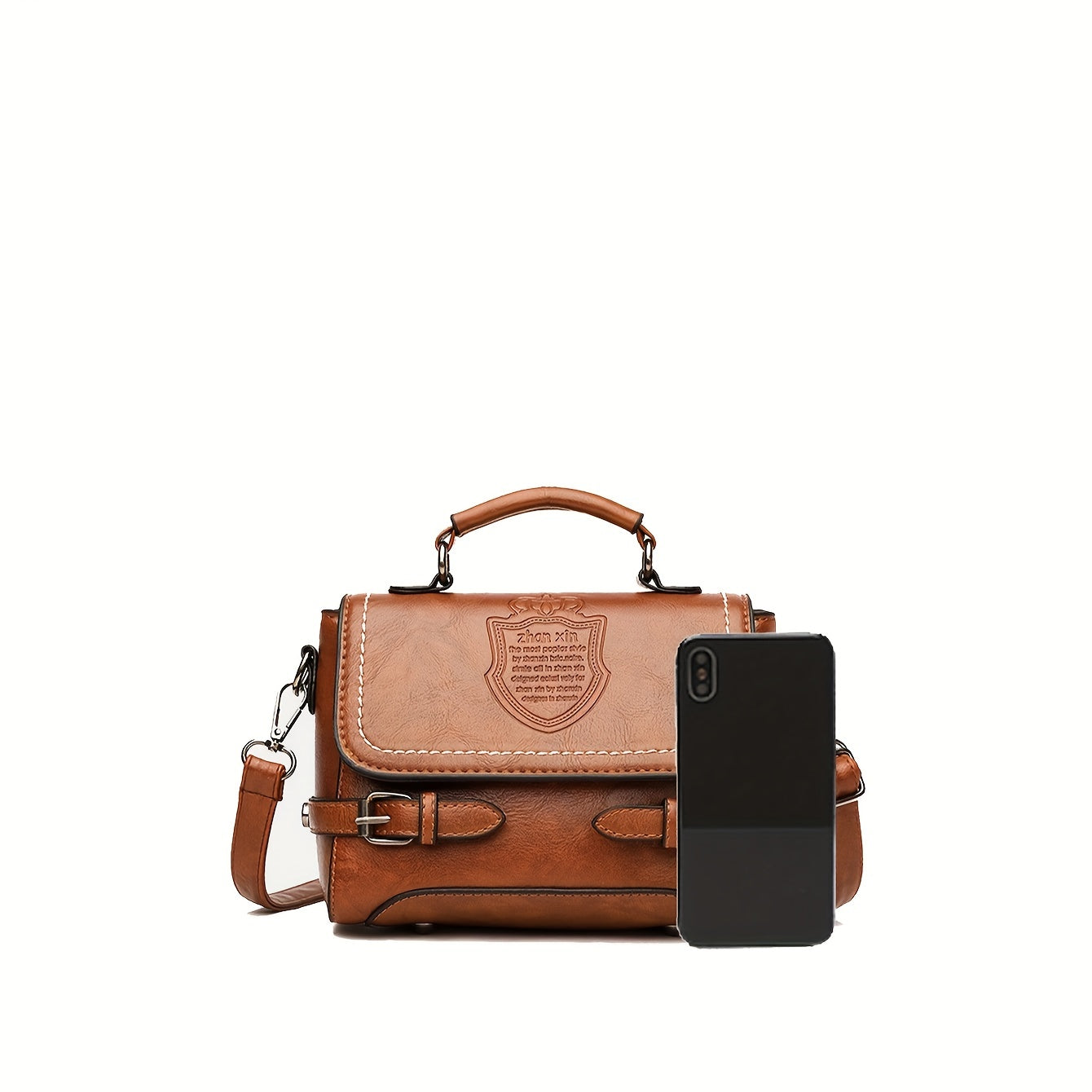 Old-fashioned handbag with embossed letter badge, stylish crossbody satchel for women.