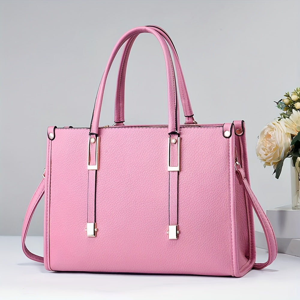 Elegant tote handbag for women with large capacity, solid color, and versatile style.