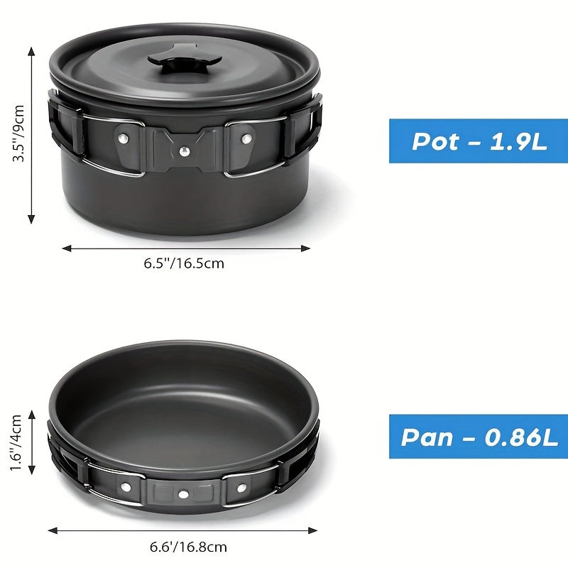 15-piece camping cookware set made of portable non-stick aluminum alloy for outdoor cooking.