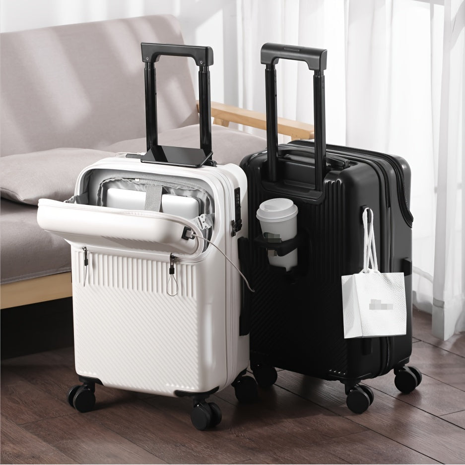 Compact 20-inch carry-on with cup holder and retractable handle.