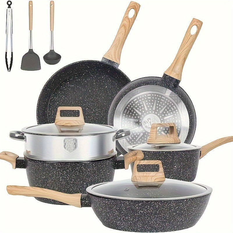 Non-Stick Cookware Set includes 12 pieces of aluminum pots and pans, suitable for induction cooking. They are dishwasher and oven safe, and come with detachable handles. An essential cooking equipment set.