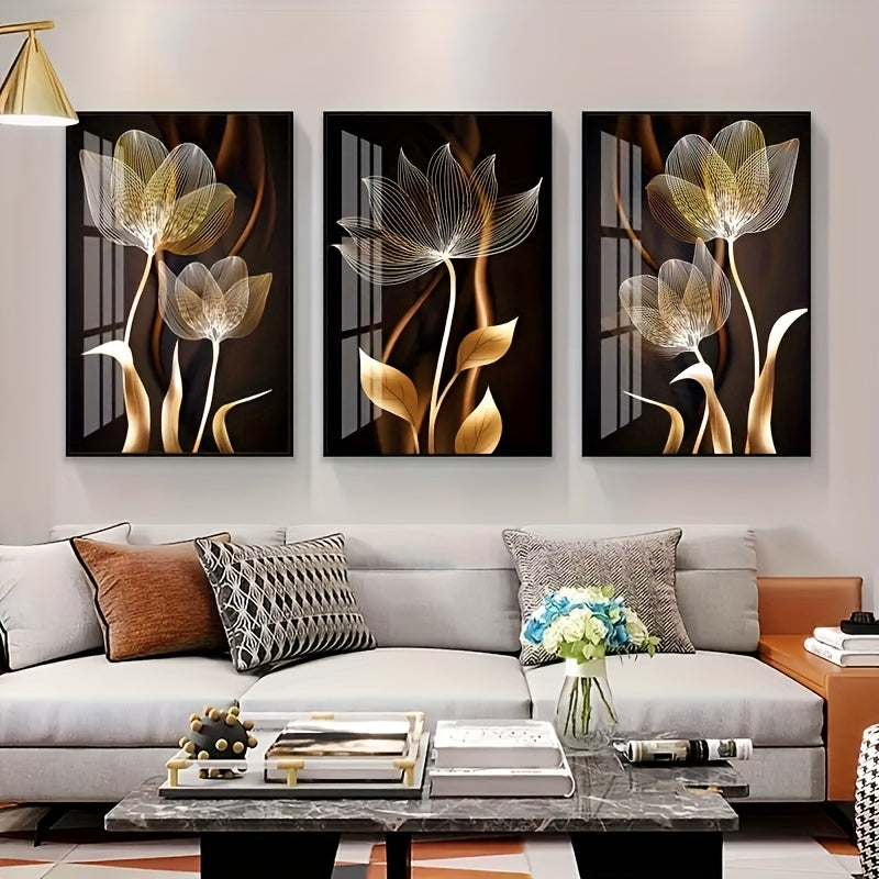 Set of 3 luxury canvas print posters featuring golden flower artwork for various rooms, no frames included.