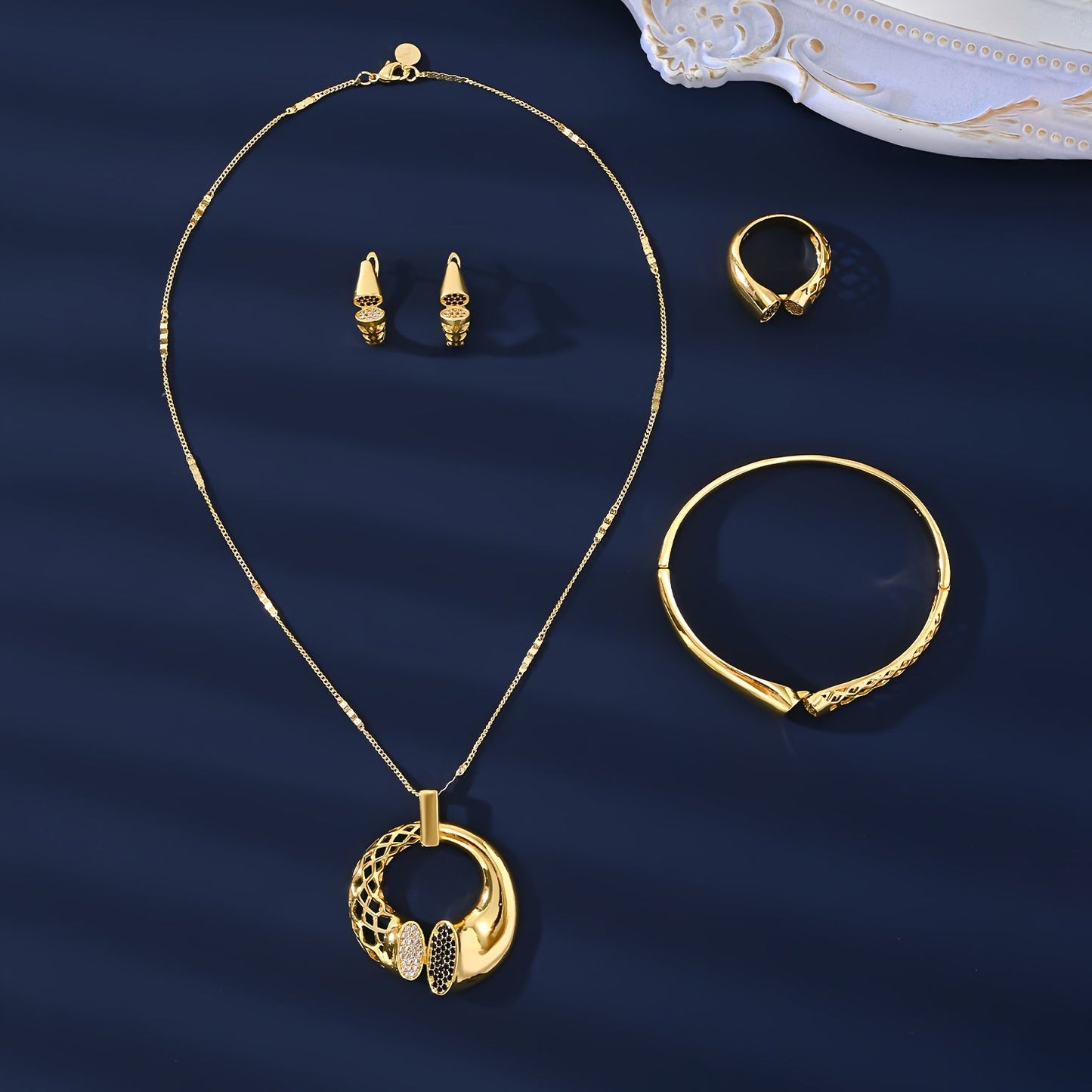 Set of 4 Pieces MEIZ 18K Gold Plated Jewelry, Elegant & Charming, Featuring Synthetic Zirconia Geometric Necklace, Bracelet, Earrings, and Ring. Made of Copper, Perfect for Women as Everyday Wear or a Gift for Valentine's Day. Versatile All-Season