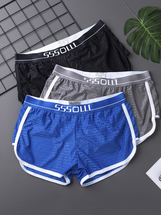 3 Men's Solid Color Boxer Briefs, Youth Mesh Breathable Comfy Trunks, Elastic Sports Shorts, Casual Men's Underwear