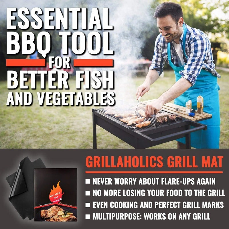 Set of two fiberglass grill mats that are non-stick, reusable, and easy to clean. Suitable for use with gas, charcoal, and electric grills. Includes one mat measuring 40.01x33.02cm and one mat measuring 40.01x59.94cm. Color: Black.