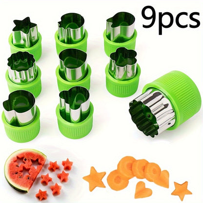 Stainless steel cookie & vegetable cutter set with hand guard - includes star, flower, heart shapes. Ideal for youngsters' baking. Easy-to-use molds for fruit and pastries. Perfect for