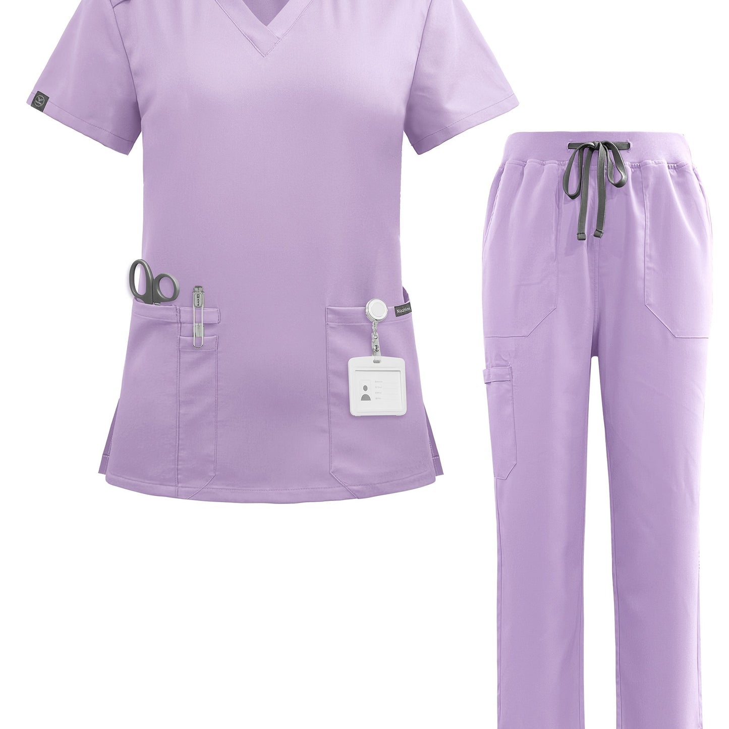 Short Sleeve Unisex Polyester Spandex Scrubs Set with Pockets, Ideal for Hospital Work in Pharmacy, Dental, and Surgery - Solid Color, All-Season Wear