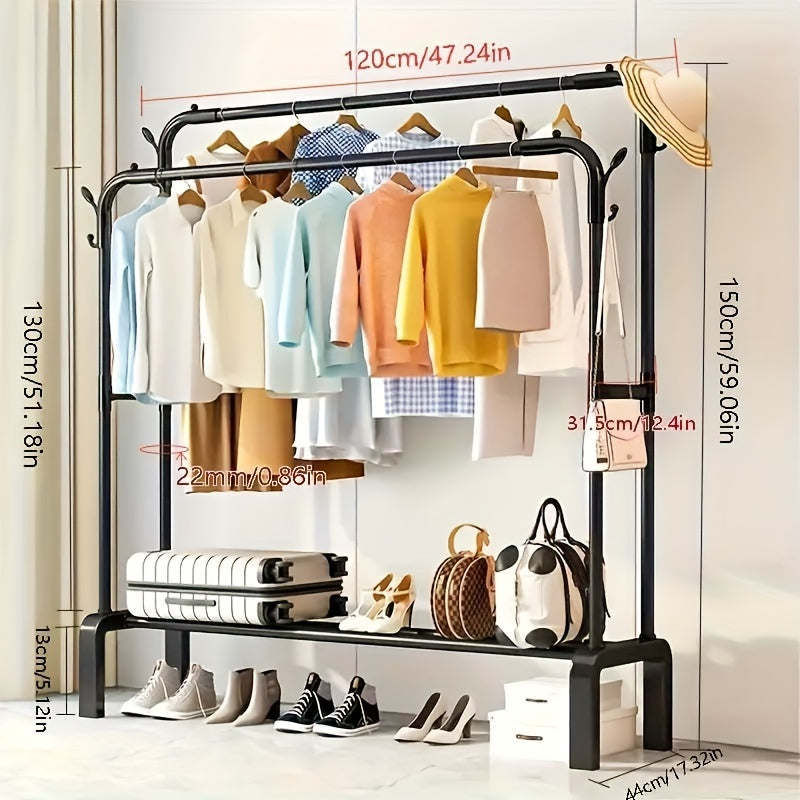 Large capacity, floor-standing clothes drying rack with double pole design. Suitable for bedroom, balcony, or bathroom. Requires self-assembly.